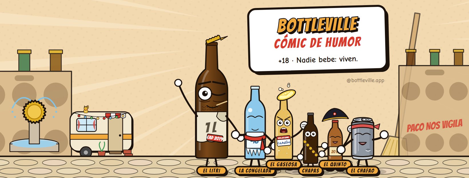 El pueblo de Bottleville: botellas con cara en una plaza, con El Litri delante